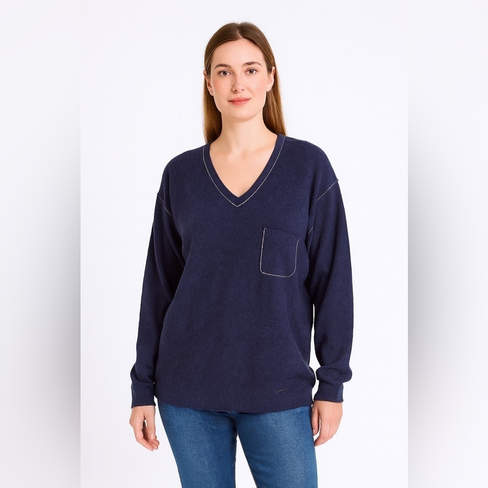 Wanama Cashmere Angora Merino Wool V-neck Sweater Blue Sz M Quiet Luxury Casual